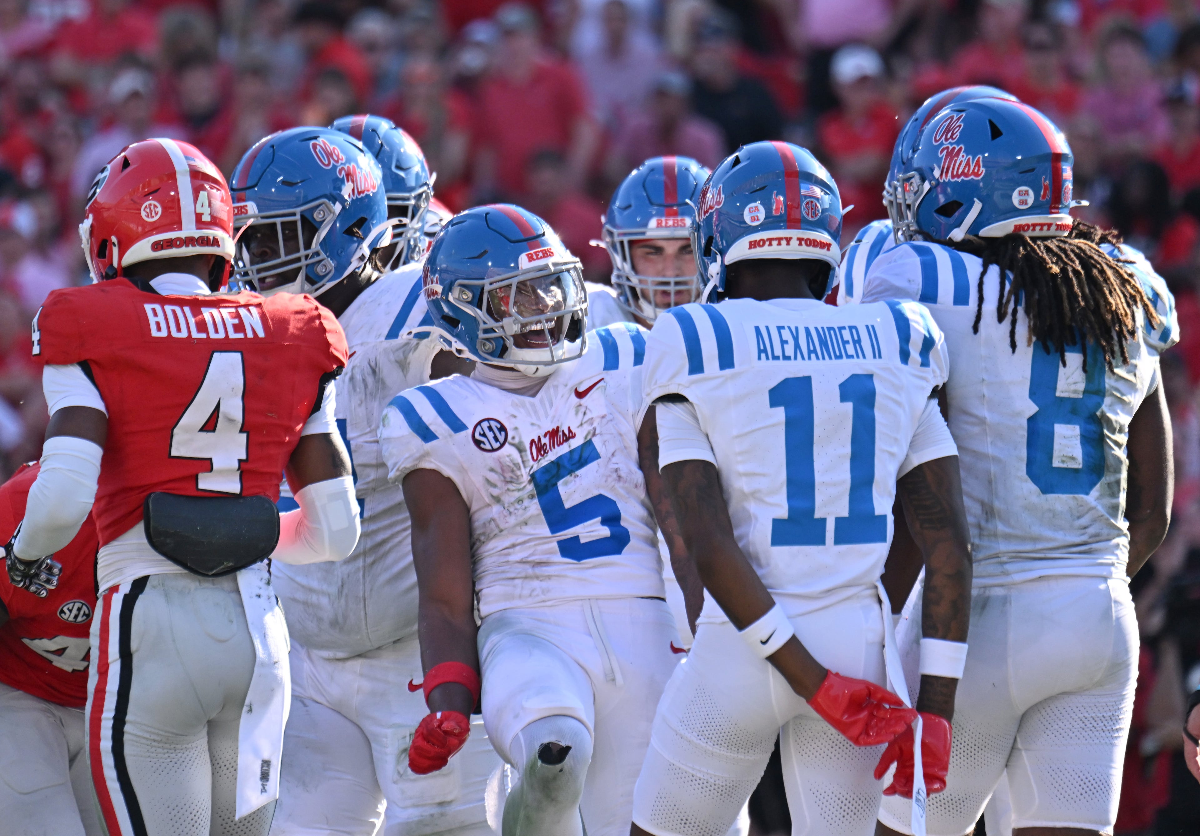 Mississippi defensive end Kam Franklin (5) celebrates after scoring a touchdown catch during the first half in an NCAA football game at Sanford Stadium, Saturday, October 18, 2025, in Athens. (Hyosub Shin / AJC)