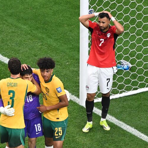 Egypt's Trezeguet (7) reacts after a miss during the World Cup round of 32 soccer match between Australia and Egypt in Arlington, Texas, near Dallas, Friday, July 3, 2026. (AP Photo/Jessica Tobias)