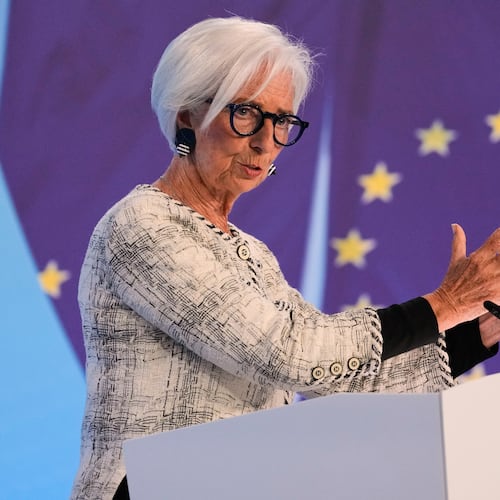 President of European Central Bank Christine Lagarde addresses the media during a press conference after an ECB's governing council meeting in Frankfurt, Germany, Thursday, April 30, 2026. (AP Photo/Michael Probst)