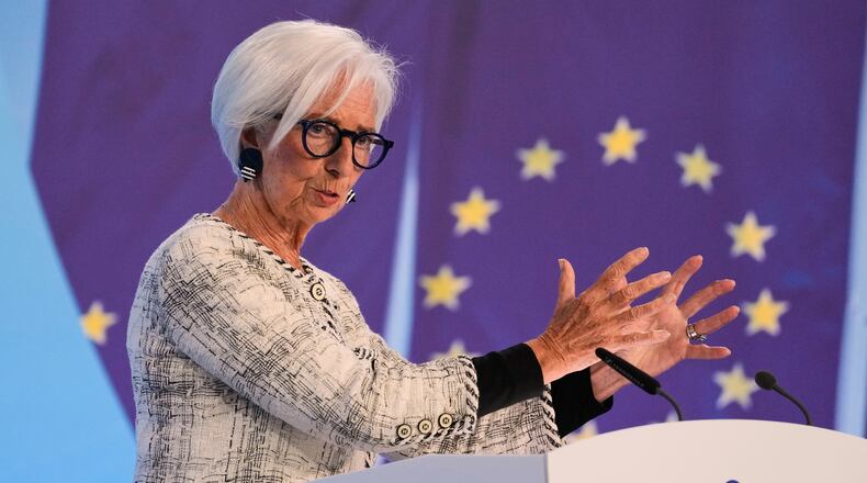 President of European Central Bank Christine Lagarde addresses the media during a press conference after an ECB's governing council meeting in Frankfurt, Germany, Thursday, April 30, 2026. (AP Photo/Michael Probst)