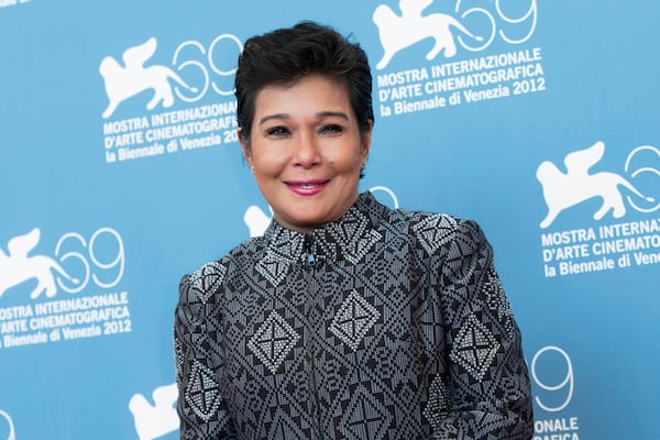 FILE - Actress Nora Aunor appears during the photo call for the film '"Sinapupunan" (Thy Womb) at the 69th edition of the Venice Film Festival in Venice, Italy, on Sept. 6, 2012. (AP Photo/Joel Ryan, File)