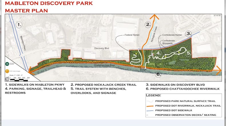 A map and master plan for the Mableton park, which county commissioners voted on Tuesday to name Discovery Park at the River Line.