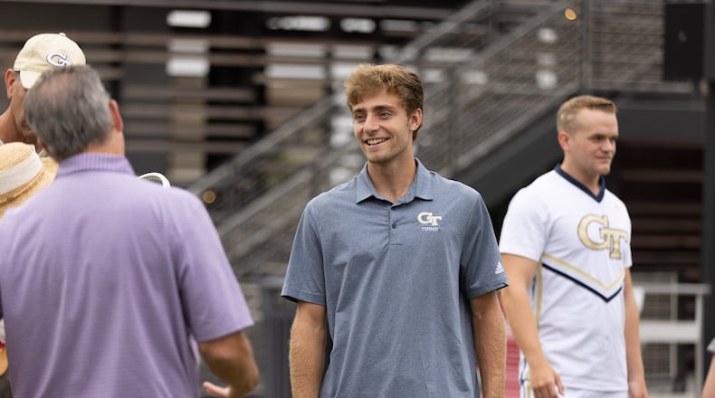 Georgia Tech’s Andres Martin talks with people before the start of the Atlanta Open Media Day at Atlantic Station Tuesday, June 28, 2022. (Steve Schaefer / steve.schaefer@ajc.com)