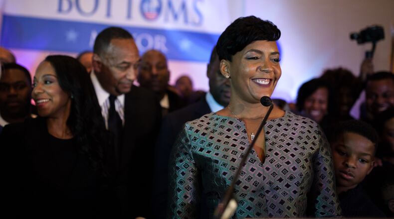 Atlanta mayoral candidate Keisha Lance Bottoms delivers her victory speech to supporters during a runoff election night party at the Hyatt Regency Hotel, Tuesday, Dec. 5, 2017, in Atlanta. BRANDEN CAMP/SPECIAL