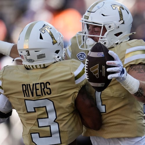 Georgia Tech tight end Josh Beetham (17) celebrates his touchdown against the Syracuse during the first half of an NCAA college football game, Saturday, Oct. 25, 2025, in Atlanta. (AP Photo/Mike Stewart)