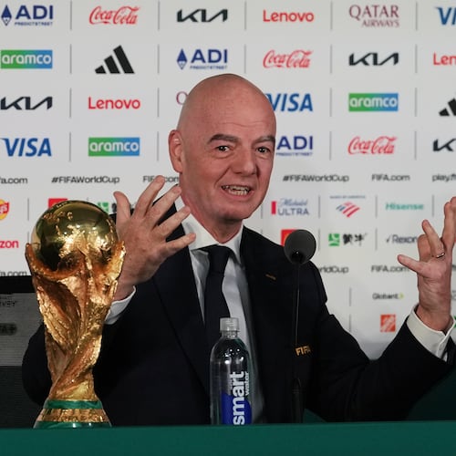 FIFA President Gianni Infantino speaks during a news conference at the stadium in Mexico City, Wednesday, June 10, 2026, a day before the opening FIFA World Cup match between Mexico and South Africa. (AP Photo/Eduardo Verdugo)