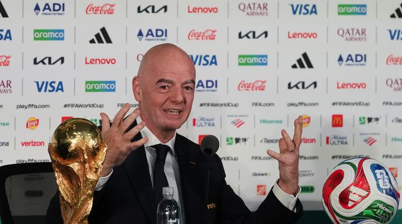 FIFA President Gianni Infantino speaks during a news conference at the stadium in Mexico City, Wednesday, June 10, 2026, a day before the opening FIFA World Cup match between Mexico and South Africa. (AP Photo/Eduardo Verdugo)