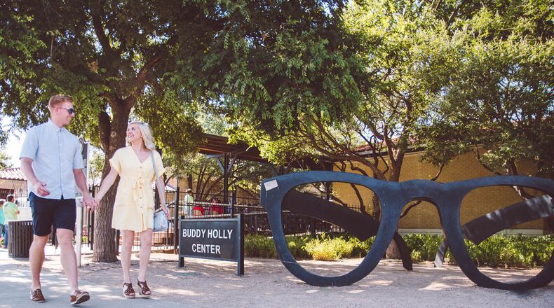 A sculpture of his signature glasses marks the entrance to the Buddy Holly Center in Lubbock, Texas. (Visit Lubbock/TNS)