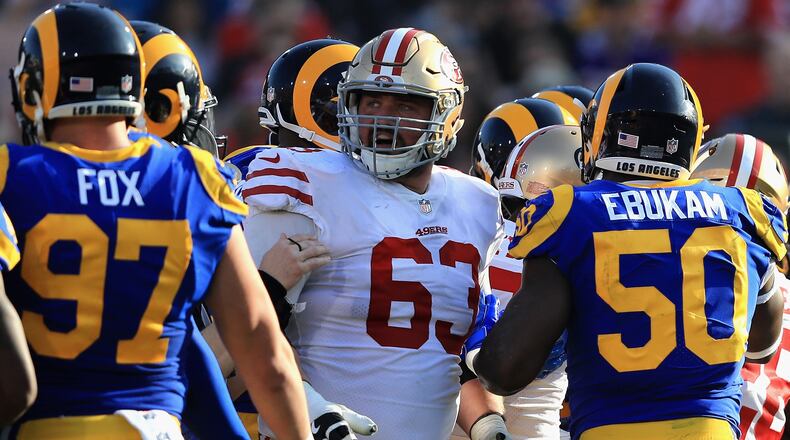Brandon Fusco (63) signed a three-year contract with the Falcons Wednesday. (Photo by Sean M. Haffey/Getty Images)