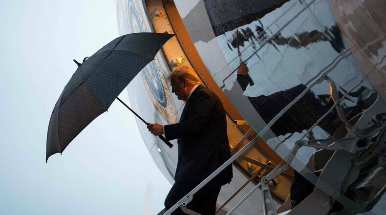 President Donald Trump arrives in Minneapolis for a rally on Thursday night, Oct. 10, 2019. (Doug Mills/The New York Times)