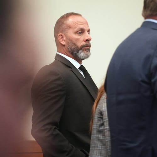 Former sheriff's deputy Jason Meade stands during closing arguments of his retrial on Wednesday, May 6, 2026, inside Franklin County Court of Common Pleas in Columbus, Ohio. (Doral Chenoweth/The Columbus Dispatch via AP, Pool)
