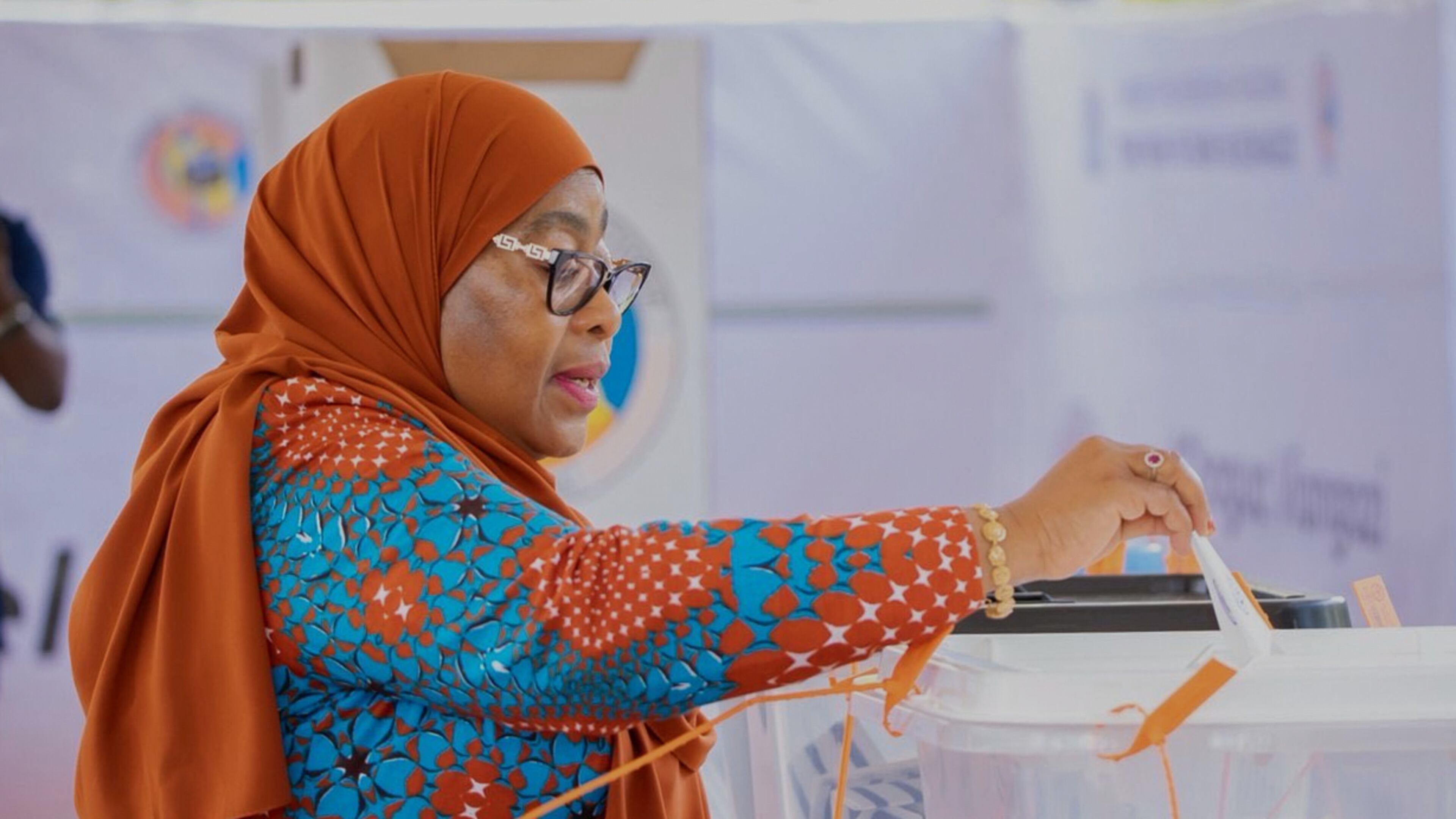 Tanzanian President Samia Suluhu Hassan casts her vote during the general elections at Chamwino polling station in Dodoma, Tanzania, Wednesday, Oct. 29, 2025. (AP Photo)