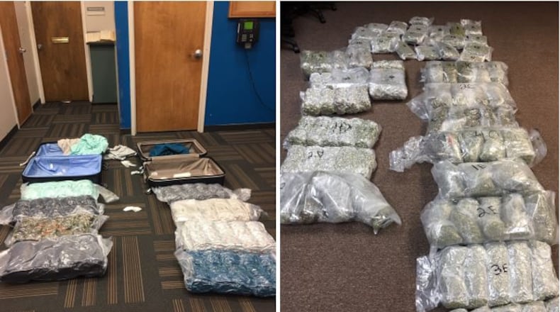 Three passengers, including two from metro Atlanta, were arrested at Hartsfield-Jackson International Airport on Sunday after authorities discovered nearly 100 pounds of marijuana in their luggage, the GBI said.