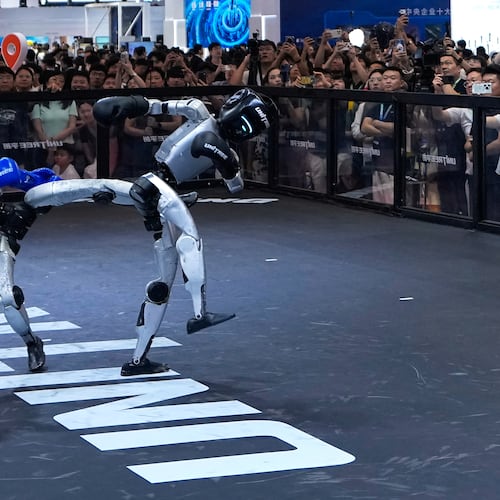 Visitors watch robots demonstrate boxing moves at a booth of Unitree, one of China's largest humanoid robot makers, during the World Robot Conference at the Beijing Yichuang International Convention and Exhibition Centre in Beijing, Wednesday, Aug. 19, 2026. (AP Photo/Andy Wong)