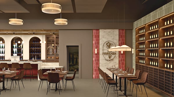 A rendering of the dining room of a modern Italian restaurant with a wine wall to the right