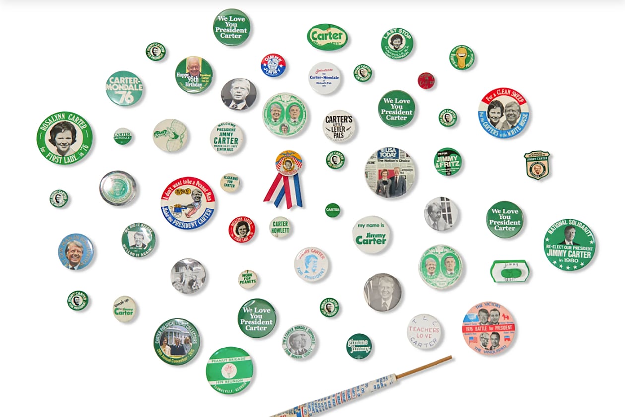 Some of Jimmy Carter's political campaign buttons are among the items Christie’s auction house will sell in January in honor of the 250th anniversary of America’s Declaration of Independence. (CHRISTIE’S IMAGES LTD. 2025)