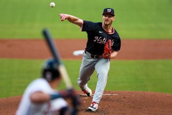 Nationals starting pitcher Michael Soroka delivers to Atlanta's Austin Riley during the first inning of Tuesday's game.
