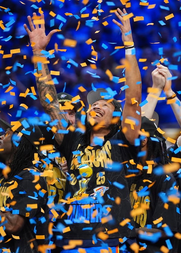 Oklahoma City Thunder forward Jalen Williams celebrates after they won the NBA basketball championship with a Game 7 victory against the Indiana Pacers Sunday, June 22, 2025, in Oklahoma City. (AP Photo/Julio Cortez)