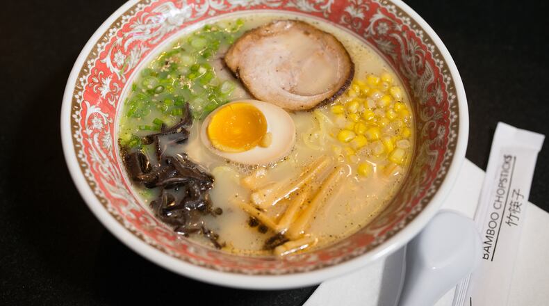 Among the succulents in the Hakata Tonkotsu Classic at Ton Ton are wood-ear mushrooms, scallions, butter garlic corn and, of course, ramen noodles. PHOTO CREDIT: Mia Yakel
