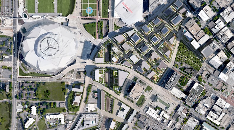 An aerial rendering of the layout of Centennial Yards in downtown Atlanta. (Credit: DBOX for Centennial Yards)