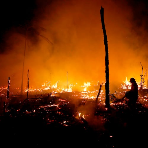 FILE - Firefighters work to put out a blaze in the Amazon forest during a drought and high temperatures in the rural municipality of Careiro Castanho, Amazonas state, Brazil, Oct. 21, 2023. (AP Photo/Edmar Barros, File)