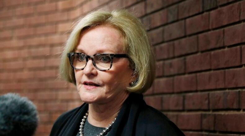 HOLD FOR STORY BY SUMMER BALLENTINE - FILE - In this April 12, 2017, file photo, U.S. Sen. Claire McCaskill, D-Mo., speaks to the media following a town hall meeting in Hillsboro, Mo. McCaskill is pushing to gain traction in rural, pro-Trump strongholds as she gears up for a 2018 re-election campaign that national Republicans are saying they believe they can win.  (AP Photo/Jeff Roberson, File)