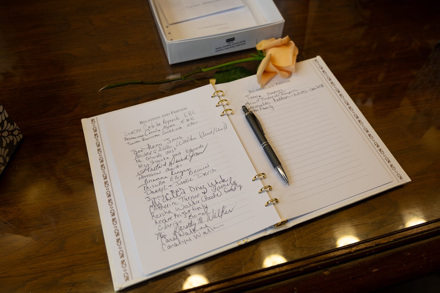 A guest book sits at the entrance before a celebration of life for Tianah Robinson at Ebenezer Baptist Church on Saturday, April 18, 2026, in Atlanta. (Ben Gray for the AJC)