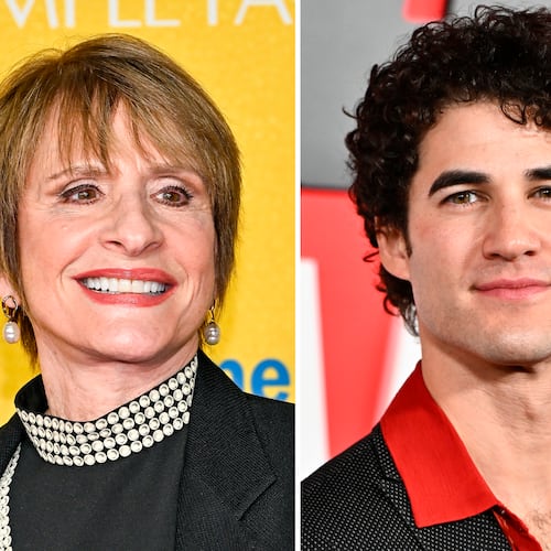 Patti LuPone appears at a screening of "Another Simple Favor" in New York on April 27, 2025, left, and Darren Criss appears at the premiere of "The Running Man" in New York on Nov. 9, 2025. (Photos by Evan Agostini/Invision/AP)