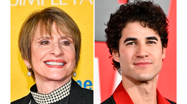 Patti LuPone appears at a screening of "Another Simple Favor" in New York on April 27, 2025, left, and Darren Criss appears at the premiere of "The Running Man" in New York on Nov. 9, 2025. (Photos by Evan Agostini/Invision/AP)