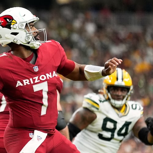 Arizona Cardinals' Jacoby Brissett throws during the first half of an NFL football game against the Green Bay Packers Sunday, Oct. 19, 2025, in Glendale, Ariz. (AP Photo/Ross D. Franklin)