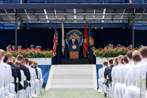 Vice President JD Vance speaks during the U.S. Naval Academy's graduation and commissioning ceremony, at the U.S. Naval Academy in Annapolis, Md., Friday, May 23, 2025. (AP Photo/KT Kanazawich)