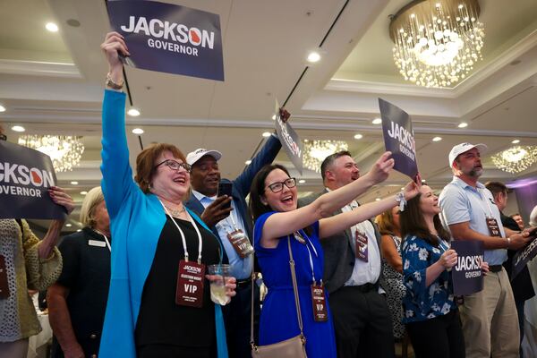 Supporters for Georgia gubernatorial candidate Rick Jackson, cheer as local politicians speak at Jackson’s election night party at the Westin Atlanta Perimeter North during the 2026 Georgia primary elections runoff, Tuesday, June 16, 2026, in Atlanta. (Jason Getz/AJC)