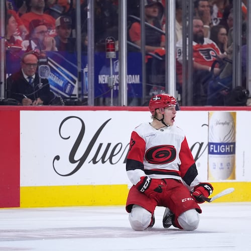 Carolina Hurricanes' Jackson Blake reacts after scoring the game-winning goal in overtime during Game 4 in a second-round NHL hockey Stanley Cup playoff series against the Philadelphia Flyers, Saturday, May 9, 2026, in Philadelphia. (AP Photo/Matt Slocum)