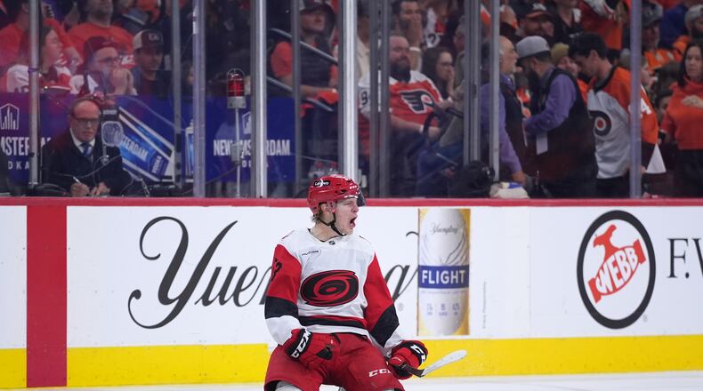 Carolina Hurricanes' Jackson Blake reacts after scoring the game-winning goal in overtime during Game 4 in a second-round NHL hockey Stanley Cup playoff series against the Philadelphia Flyers, Saturday, May 9, 2026, in Philadelphia. (AP Photo/Matt Slocum)