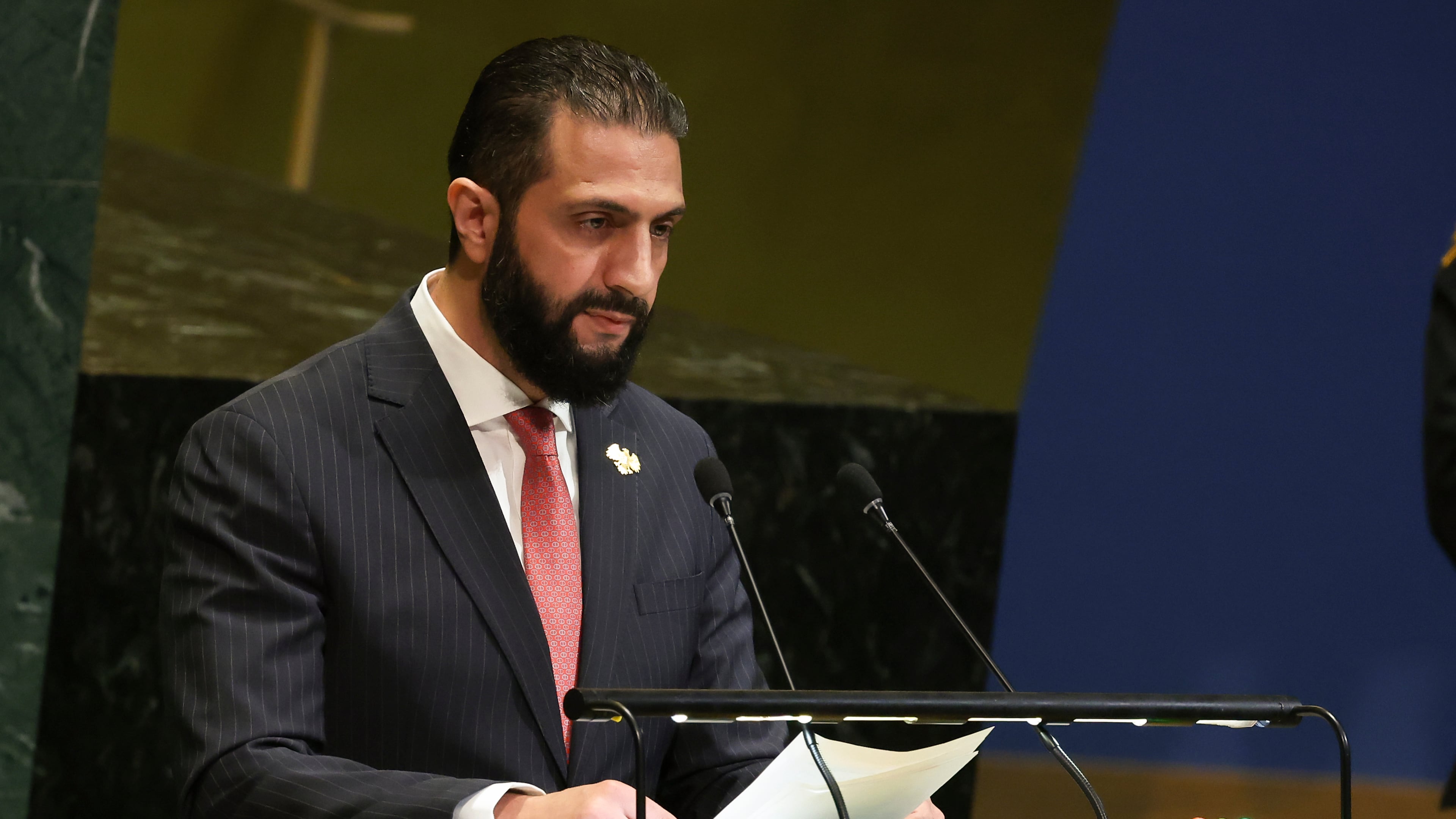 Syria President Ahmad Al-Sharaa speaks during the 80th session of the United Nations General Assembly, Wednesday, Sept. 24, 2025, at U.N. headquarters. (AP Photo/Heather Khalifa)
