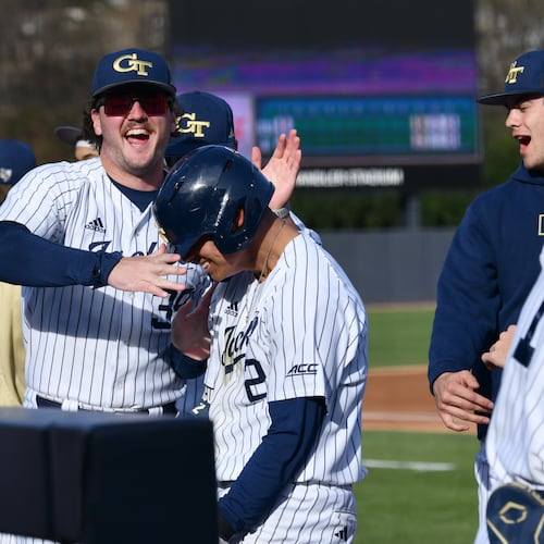 Georgia Tech — pictured celebrating during a win over Georgia State in February — is off to a 30-5 start, tied for its best record through 35 games in school history. (Hyosub Shin/AJC)