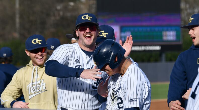 Georgia Tech — pictured celebrating during a win over Georgia State in February — is off to a 30-5 start, tied for its best record through 35 games in school history. (Hyosub Shin/AJC)