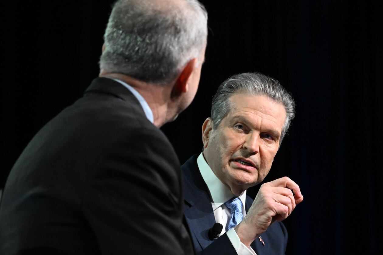 Gubernatorial candidate Rick Jackson (right) speaks with moderator Brian Robinson during the Georgia Chamber congressional luncheon Wednesday, Aug. 5, 2026, at the Classic Center in Athens. (Hyosub Shin/AJC)