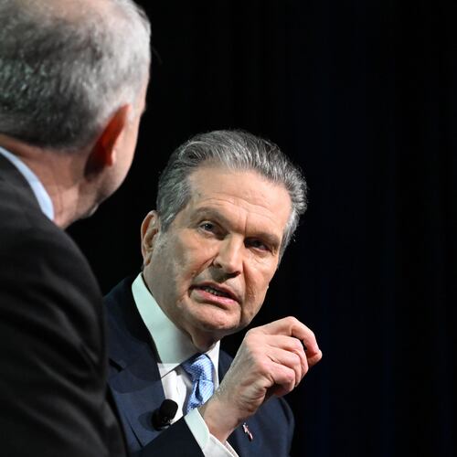 Gubernatorial candidate Rick Jackson (right) speaks with moderator Brian Robinson during the Georgia Chamber congressional luncheon Wednesday, Aug. 5, 2026, at the Classic Center in Athens. (Hyosub Shin/AJC)