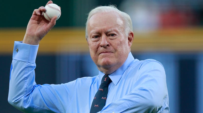 Bill Bartholomay threw out the ceremonial first pitch before a Braves game against the Milwaukee Brewers in Atlanta on April 13, 2012.