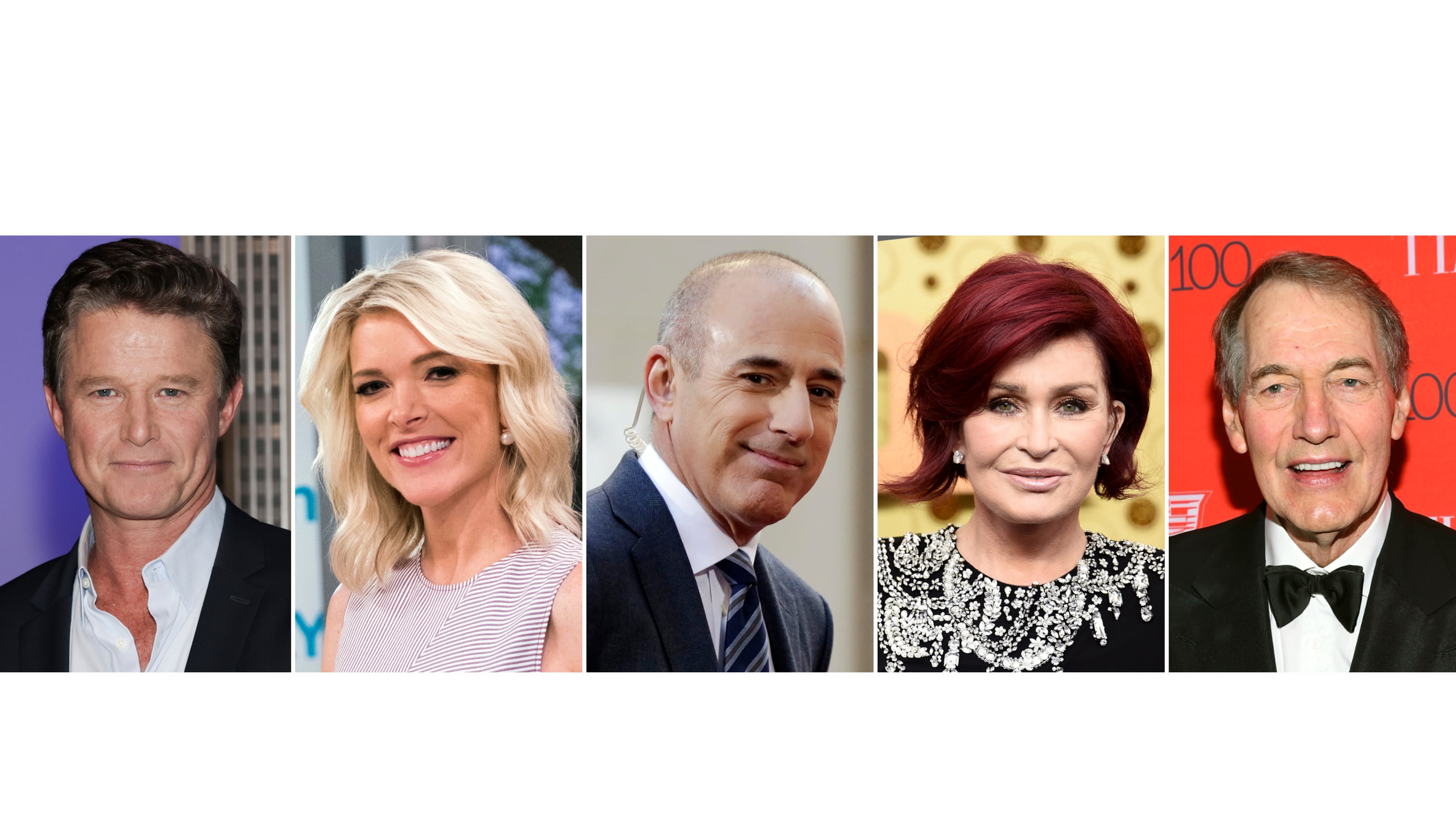This combination of photos shows Billy Bush, from left, Megyn Kelly, Matt Lauer, Sharon Osbourne and Charlie Rose. (AP Photo)