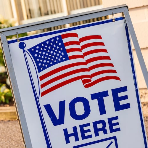 A view of a voting sign at the Portsmouth Township Fire Department, during primary election day, Tuesday, Aug. 4, 2026 in Bay City, Mich. (Kaytie Boomer/The Bay City Times via AP)