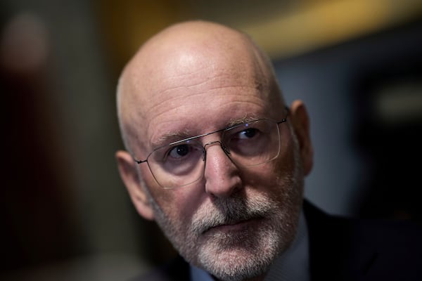 Frans Timmermans, of the center-left two party bloc of Labor Party and Green Left, looks on in The Hague, Netherlands, Tuesday, June 3, 2025, after far-right leader Geert Wilders pulled his party out of the ruling four-party coalition in dispute over a crackdown on migration. (AP Photo/Peter Dejong)