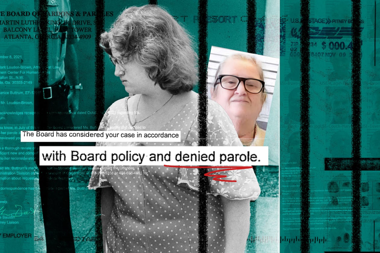 Janice Buttrum, sentenced to life for a crime she committed when she was 17, has been denied parole multiple times. Now 63, she is at the center of a lawsuit alleging that Georgia's state parole board violates federal law by not treating children offenders any differently than adults. (Illustration by Jonathan Reyes/AJC file & Ga. Dept. of Corrections)