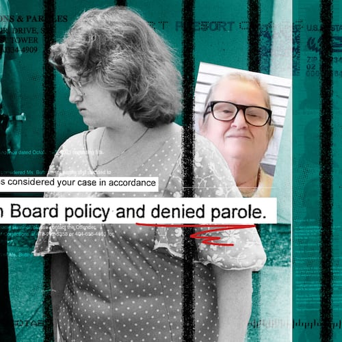 Janice Buttrum, sentenced to life for a crime she committed when she was 17, has been denied parole multiple times. Now 63, she is at the center of a lawsuit alleging that Georgia's state parole board violates federal law by not treating children offenders any differently than adults. (Illustration by Jonathan Reyes/AJC file & Ga. Dept. of Corrections)