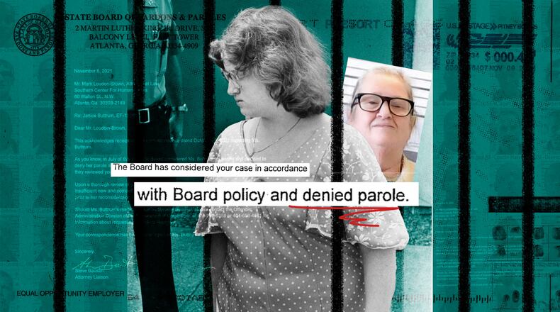 Janice Buttrum, sentenced to life for a crime she committed when she was 17, has been denied parole multiple times. Now 63, she is at the center of a lawsuit alleging that Georgia's state parole board violates federal law by not treating children offenders any differently than adults. (Illustration by Jonathan Reyes/AJC file & Ga. Dept. of Corrections)
