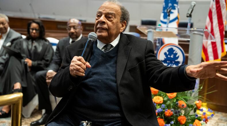 Former Ambassador Andrew Young speaks at Commissioner Moraima Ivory-Martin's swearing in at the Fulton County Government Center Assembly Hall in Atlanta, Georgia on Friday, Jan. 3, 2025. (Olivia Bowdoin for the AJC).