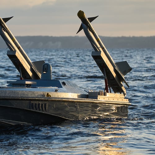 A sea drone Magura V7 of Ukraine's Defence Intelligence equipped with surface-to-air missiles rides in an undisclosed location in Ukraine, Saturday, Dec. 6, 2025. (AP Photo/Efrem Lukatsky)