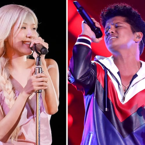 Rose performs during the Global Citizen Festival in New York on Sept. 27, 2025, left, and Bruno Mars performs at the 59th annual Grammy Awards in Los Angeles on Feb. 12, 2017. (AP Photo)