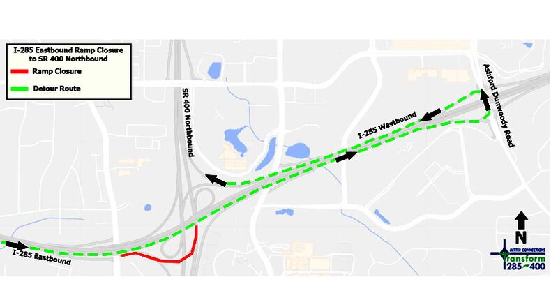 Map depicts the recommended detour when the ramp from eastbound I-285 to northbound Ga. 400 is closed this weekend for bridge work. GEORGIA DEPARTMENT OF TRANSPORTATION